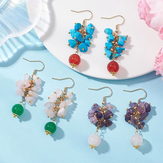 3 пары серег с подвесками из натуральных драгоценных камней, с латунными и 304 нержавеющими крючками для сережек, чип с круглым, золотые