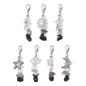 Natural Quartz Crystal & Obsidian & Labradorite & Synthetic White Howlite Chip Beads Pendant Decorations, with Star/Sun/Moon Alloy Charms