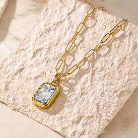 304 Halsketten mit rechteckigem Anhänger aus Edelstahl und Glas an einer Büroklammerkette für Damen, golden