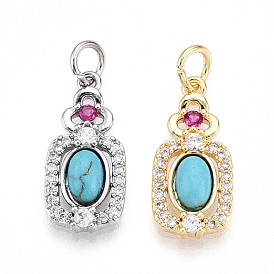 Прямоугольник из синтетической бирюзы с подвесками-цветами, подвески из латуни с прозрачным и ярко-розовым кубическим цирконием