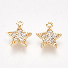Brass Cubic Zirconia Charms, Nickel Free, Real 18K Gold Plated, Star, Clear