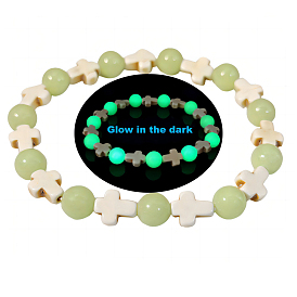 Синтетические бирюзовые браслеты простирания, со светящимися бусинами, крестик