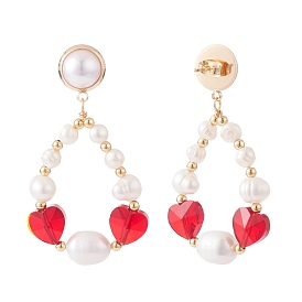 Teardrop Beaded Dangle Stud Earrings for Girl Women, Red Heart Beads Earrings, Glass & Natural Pearl Beads Drop Earrings