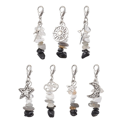 Natural Quartz Crystal & Obsidian & Labradorite & Synthetic White Howlite Chip Beads Pendant Decorations, with Star/Sun/Moon Alloy Charms