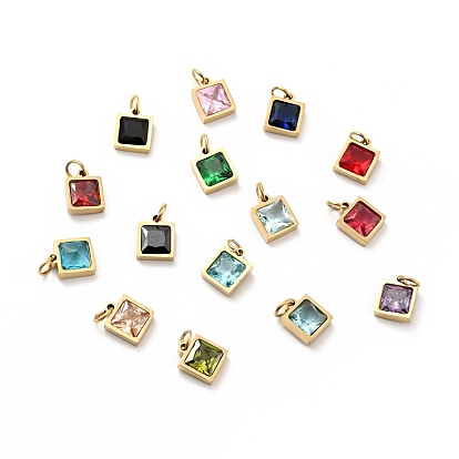 304 Stainless Steel Pendants, with Cubic Zirconia and Jump Rings, Single Stone Charms, Square
