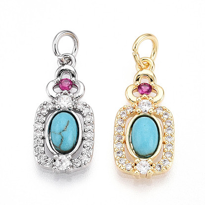 Прямоугольник из синтетической бирюзы с подвесками-цветами, подвески из латуни с прозрачным и ярко-розовым кубическим цирконием