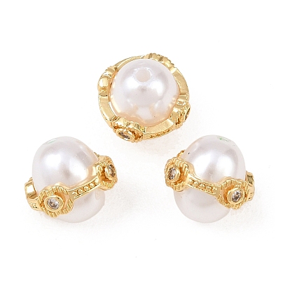 Латунные микро проложить кубического циркония бусы, круглые, с абс пластмассовой имитационной жемчужиной, долговечный, стойки покрытие, без свинца и без кадмия