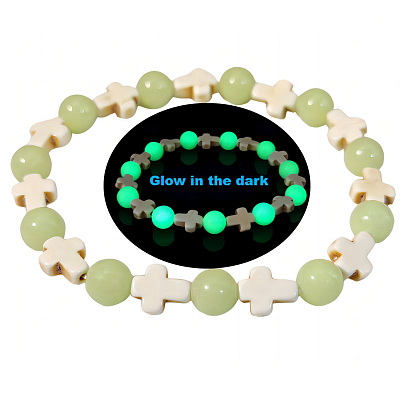 Синтетические бирюзовые браслеты простирания, со светящимися бусинами, крестик