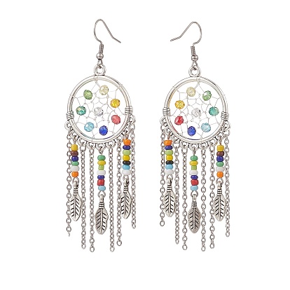 Alloy Woven Net/Web with Feather Chandelier Earrings with Glass Beaded, 316 Surgical Stainless Steel Long Drop Earrings for Women