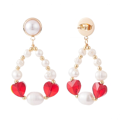 Teardrop Beaded Dangle Stud Earrings for Girl Women, Red Heart Beads Earrings, Glass & Natural Pearl Beads Drop Earrings