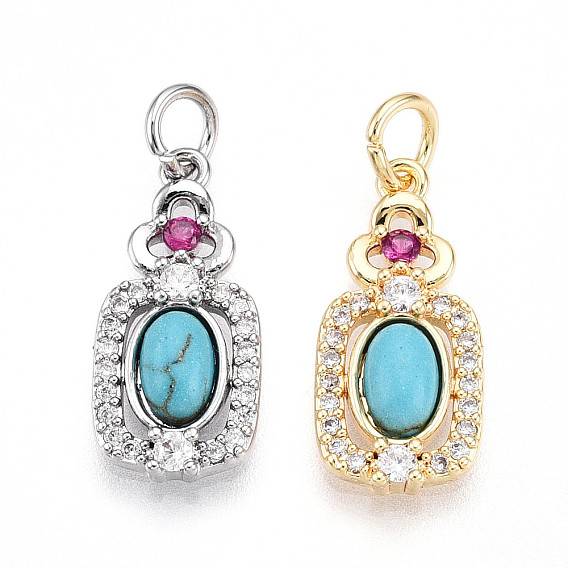 Прямоугольник из синтетической бирюзы с подвесками-цветами, подвески из латуни с прозрачным и ярко-розовым кубическим цирконием
