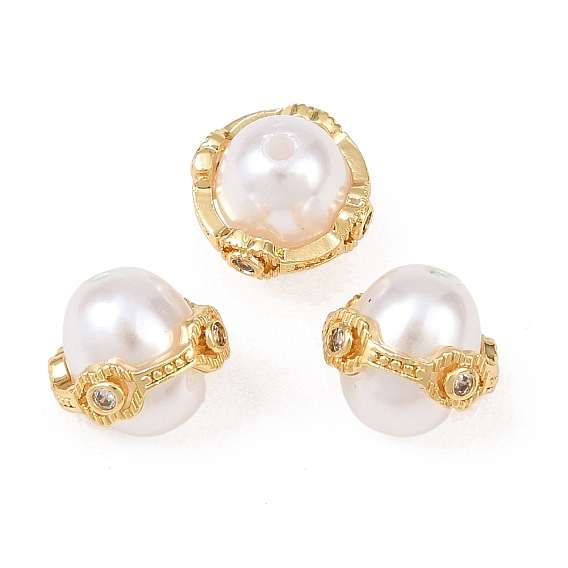 Латунные микро проложить кубического циркония бусы, круглые, с абс пластмассовой имитационной жемчужиной, долговечный, стойки покрытие, без свинца и без кадмия