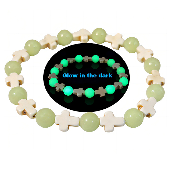 Синтетические бирюзовые браслеты простирания, со светящимися бусинами, крестик
