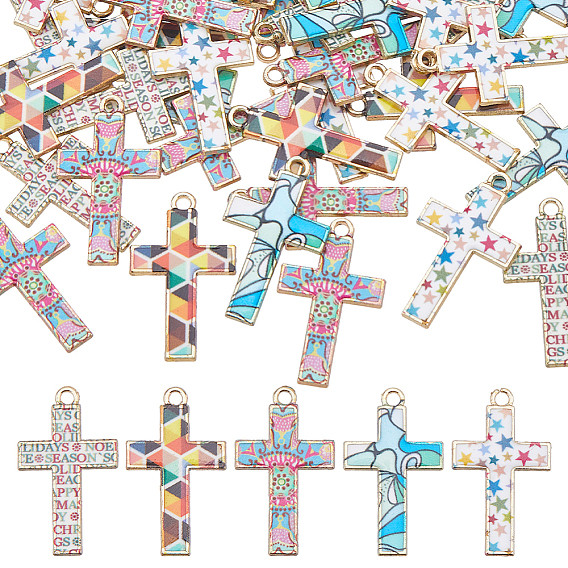 50 pièces 5 pendentifs en alliage de style mosaïque de couleurs, avec l'émail, charmes croisées
