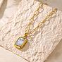 304 Stainless Steel Glass Rectangle Pendant Paperclip Chain Necklaces for Women, Golden