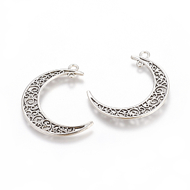Tibetan Style Alloy Hollow Moon 2-Loop Link Pendants, Cadmium Free & Lead Free, 37x8x2mm, Hole: 1~3mm