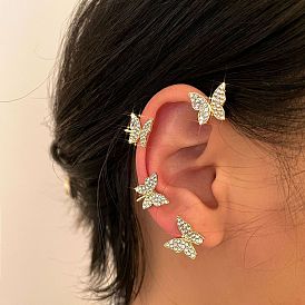 Asymmetrical Tassel Earrings with Sparkling Rhinestones and Ear Cuff for Non-Pierced Ears