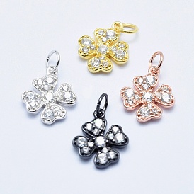 Brass Micro Pave Clear Cubic Zirconia Charms, Long-Lasting Plated, Cadmium Free & Nickel Free & Lead Free, Clover