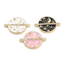 Brass Micro Pave Clear Cubic Zirconia Links Connectors, Long-Lasting Plated, Flat Round with Planet & Star & Moon, Golden Metal Color