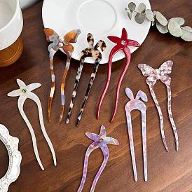 Cellulose Acetate Hair Forks, with Plastic Imitation Pearls, Hair Accessories for Woman Girls, Butterfly/Starfish/Rabbit