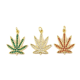 Rack Plating Brass Micro Pave Cubic Zirconia Pendants, with Jump Rings, Long-Lasting Plated, Lead Free & Cadmium Free, Real 18K Gold Plated, Leaf