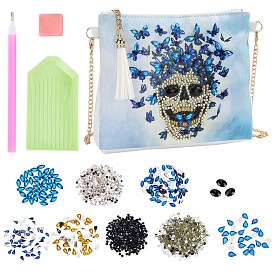 DIY Diamond Painting Stickers Kits, with Diamond Painting Bag, Rhinestones, Diamond Sticky Pen, Tray Plate and Glue Clay, Iron Curb Chain Bag Tape, Skull and Butterfly