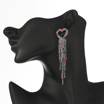 Colorful Tassel Earrings with Heart-shaped Pendant and Shiny Rhinestones