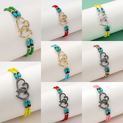 Эластичные браслеты на ногу из сплава с двойным сердцем, Двойные ожерелья из синтетической бирюзы и стеклянных бусин