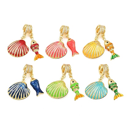 Brass Micro Pave Clear Cubic Zirconia Pendants, with Enamel, Shell Shape & Fish Charms, Rack Plating, Long-Lasting Plated, Lead Free & Cadmium Free, Real 18K Gold Plated