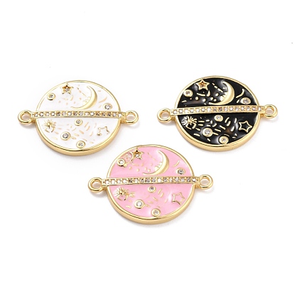 Brass Micro Pave Clear Cubic Zirconia Links Connectors, Long-Lasting Plated, Flat Round with Planet & Star & Moon, Golden Metal Color