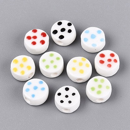 Handmade Porcelain Beads, Hand Painted, Famille Rose Porcelain, Flat Round with Polka Dot
