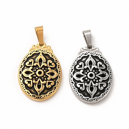 Ion Plating(IP) 304 Stainless Steel Pendants, with 201 Stainless Steel Clasp, Oval with Flower Charms