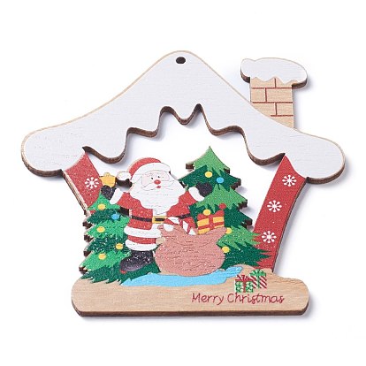 Christmas Theme Natural Wood Big Pendants, Wood Frame with Christmas Tree and Cartoon Figure & Word Merry Christmas