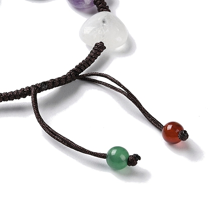 Heart Natural Mixed Gemstone Braided Bead Bracelets, Chakra Theme Adjustable Bracelet