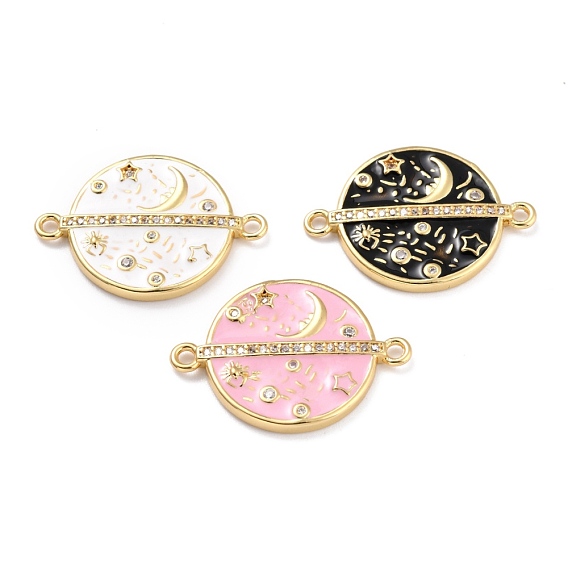 Brass Micro Pave Clear Cubic Zirconia Links Connectors, Long-Lasting Plated, Flat Round with Planet & Star & Moon, Golden Metal Color