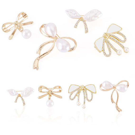 4шт. 4 стили брошей с бантиками из сплава со стразами для женщин, с имитацией жемчуга