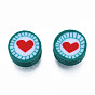 Handmade Polymer Clay Beads, Flat Round with Heart