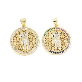 Plating Brass Micro Pave Clear Cubic Zirconia Pendant, Long-Lasting Plated, Real 18K Gold Plated, Cadmium Free & Lead Free, Flat Round with Bear