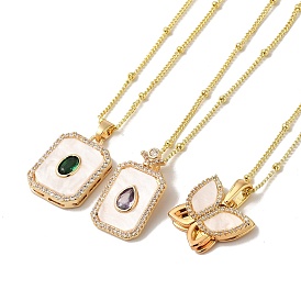 Brass Micro Pave Clear Cubic Zirconia Pendants Necklaces, with Shell, Real 18K Gold Plated