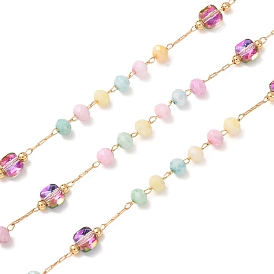 Brass & Glass Beaded Chain, Cube & Rondelle, Soldered, with Spool