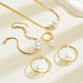 201 Браслеты, серьги, ожерелья и кольца из нержавеющей стали в виде змеиной кости, с круглой имитацией жемчуга