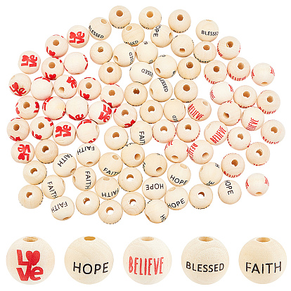 100Pcs Printed Natural Wood European Beads, Undyed, Large Hole Beads, Round with Word