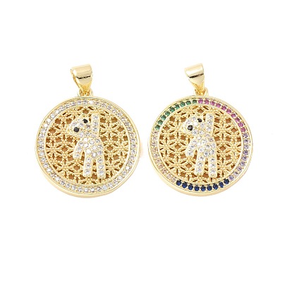 Plating Brass Micro Pave Clear Cubic Zirconia Pendant, Long-Lasting Plated, Real 18K Gold Plated, Cadmium Free & Lead Free, Flat Round with Bear