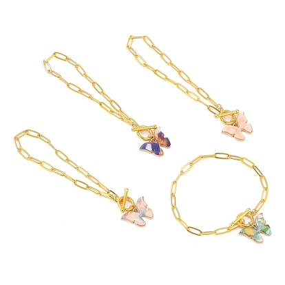 Pulseras con dijes de acetato de celulosa (resina) de aleación de mariposa, con cadenas de sujetapapeles de latón y cierres de palanca de aleación, dorado