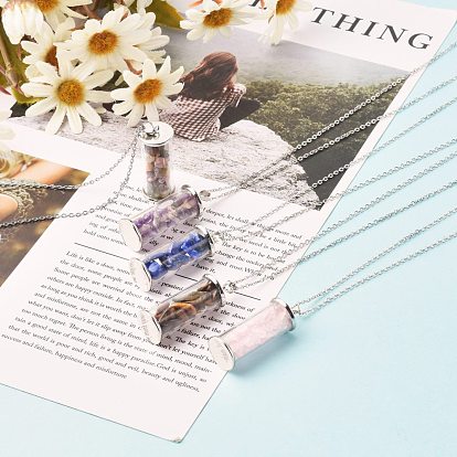 Alloy & Glass Wish Bottle with Natural Mixed Gemstone Pendant Necklaces, with 304 Stainless Steel Cable Chain, Column