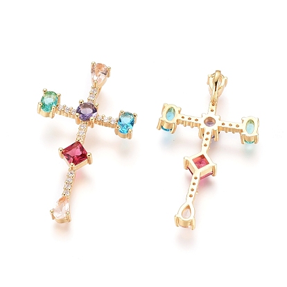 Brass Micro Pave Cubic Zirconia Pendants, Long-Lasting Plated, Cross, Colorful