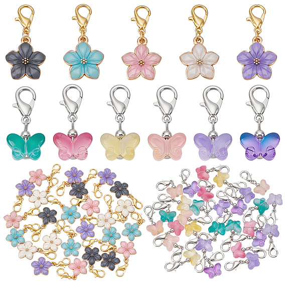 36 шт. 6 цвета прозрачные стеклянные бабочки, окрашенные распылением, подвесные украшения, с 30шт. 5 подвесками из цинкового сплава с цветочным рисунком