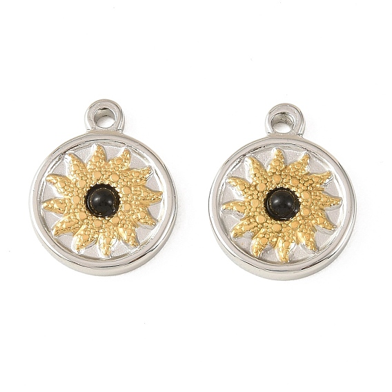 Подвески из натурального черного оникса (окрашенные и нагретые), двухцветные 304 подвески в виде солнца из нержавеющей стали с оправой, цвет нержавеющей стали