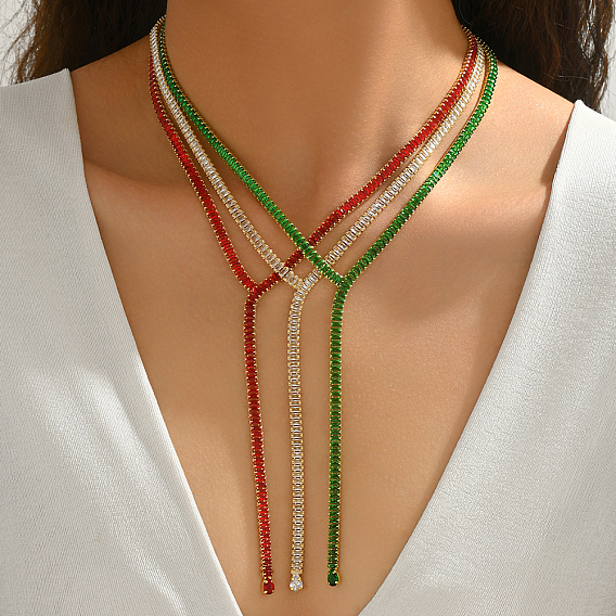 Simple Brass Pave Cubic Zirconia Geometric Tennis Y-shaped Necklaces for Women, Golden
