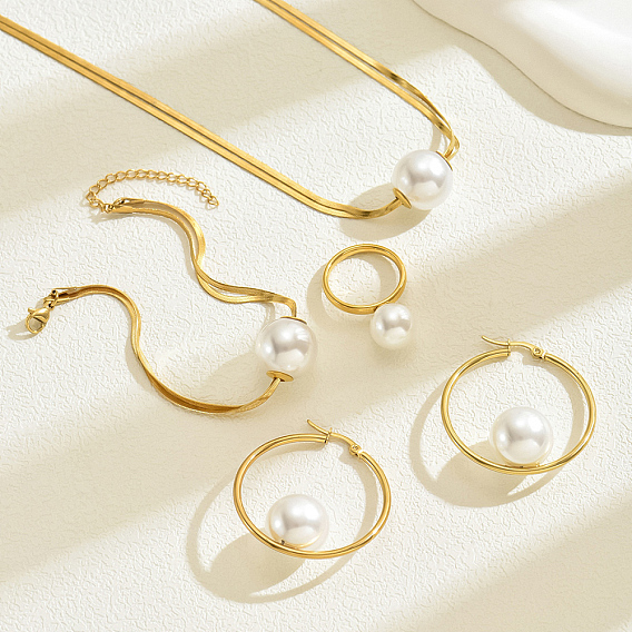 201 Браслеты, серьги, ожерелья и кольца из нержавеющей стали в виде змеиной кости, с круглой имитацией жемчуга